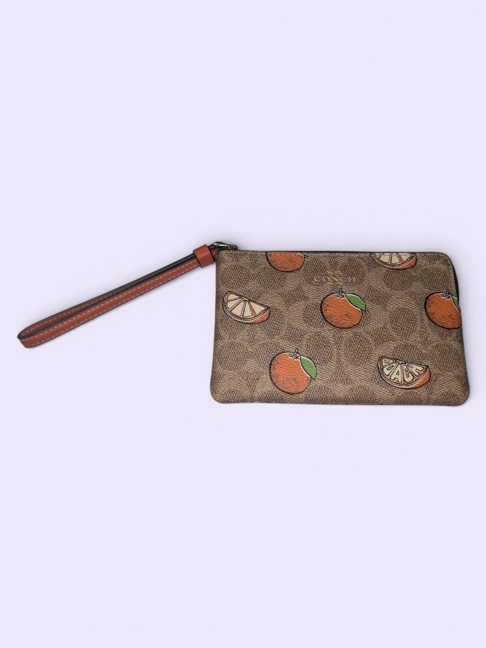 COACH Brown Signature Orange Print Wristlet Pouch - Picture 2 of 4